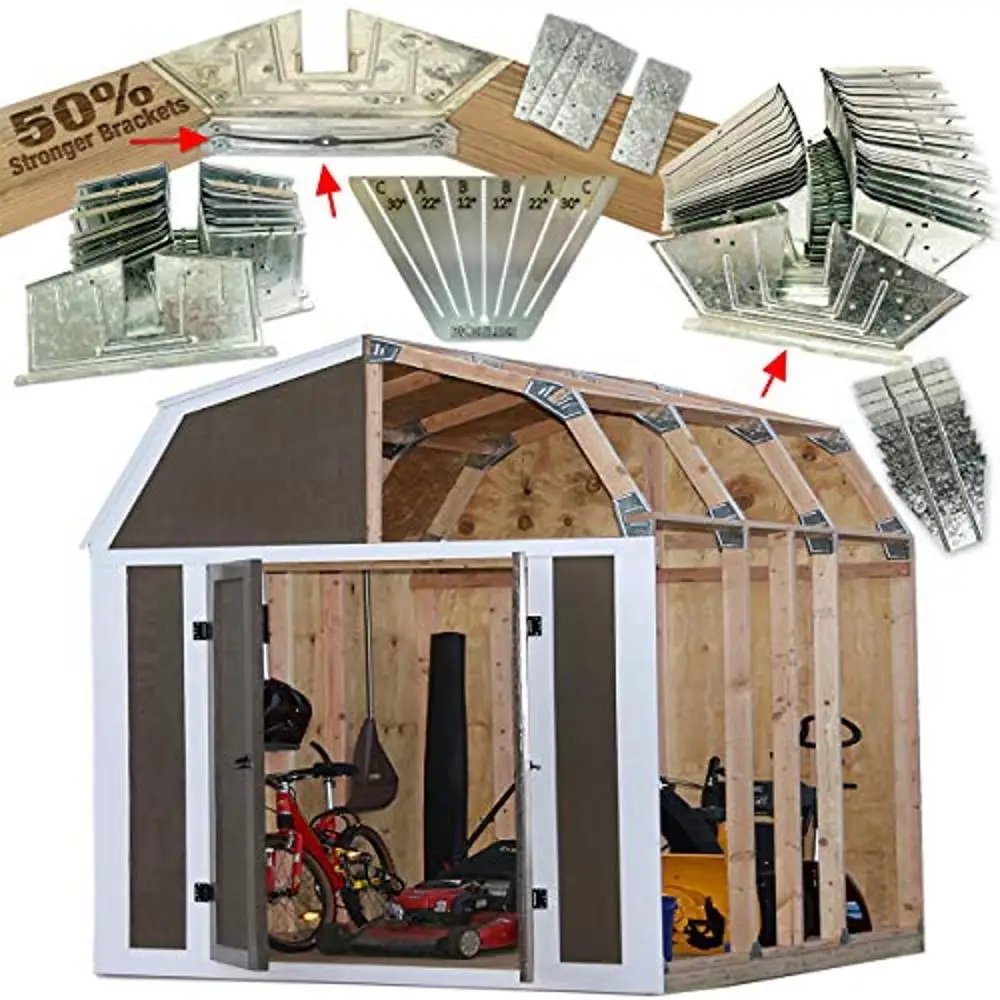 

Barn Style Shed Framing Kit 7'x8' Metal 50% Stronger Galvanized Steel Brackets EZ Miter Template Included Customizable Size &