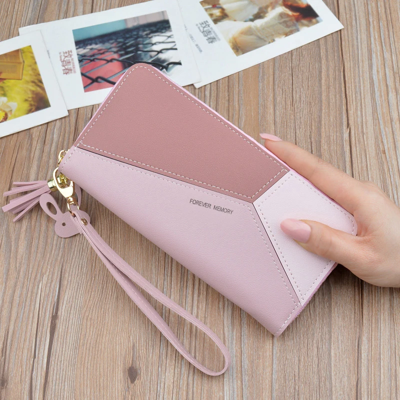Geometric Women Wallet Money Clip Patchwork Leather Long Zipper Wrist Purses Tassel Design Clutch Wallet Female Card Holder