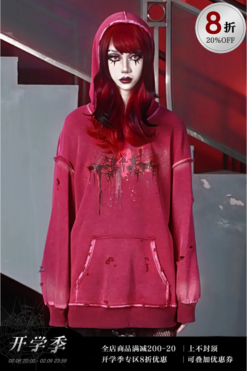 Blood Supply Original Devil Rust Red Print Washed Worn Loose Hooded Terry Long Sleeve Ripped Gothic Pullover Hoodies Spring