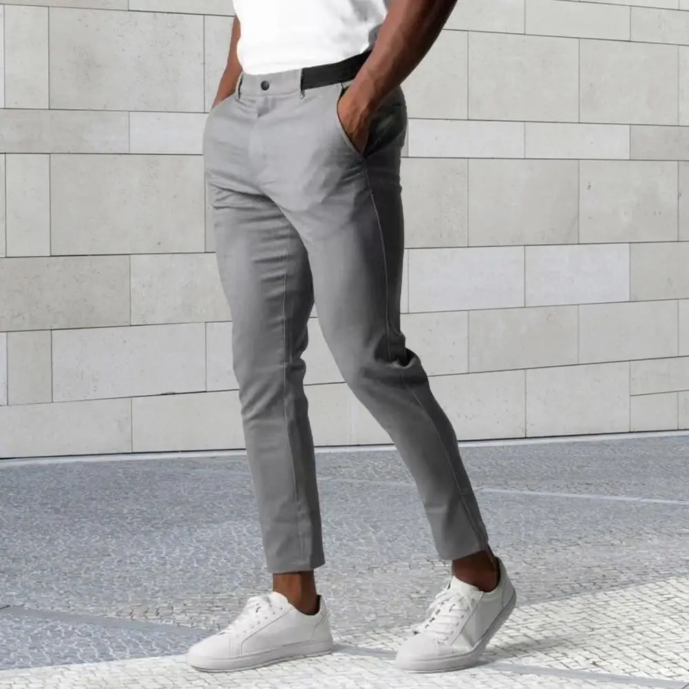 Men Pants Formal Pants Slim Fit Men's Business Pants with Pockets Stretchable Waist Button Zipper Placket Solid Color for Wear