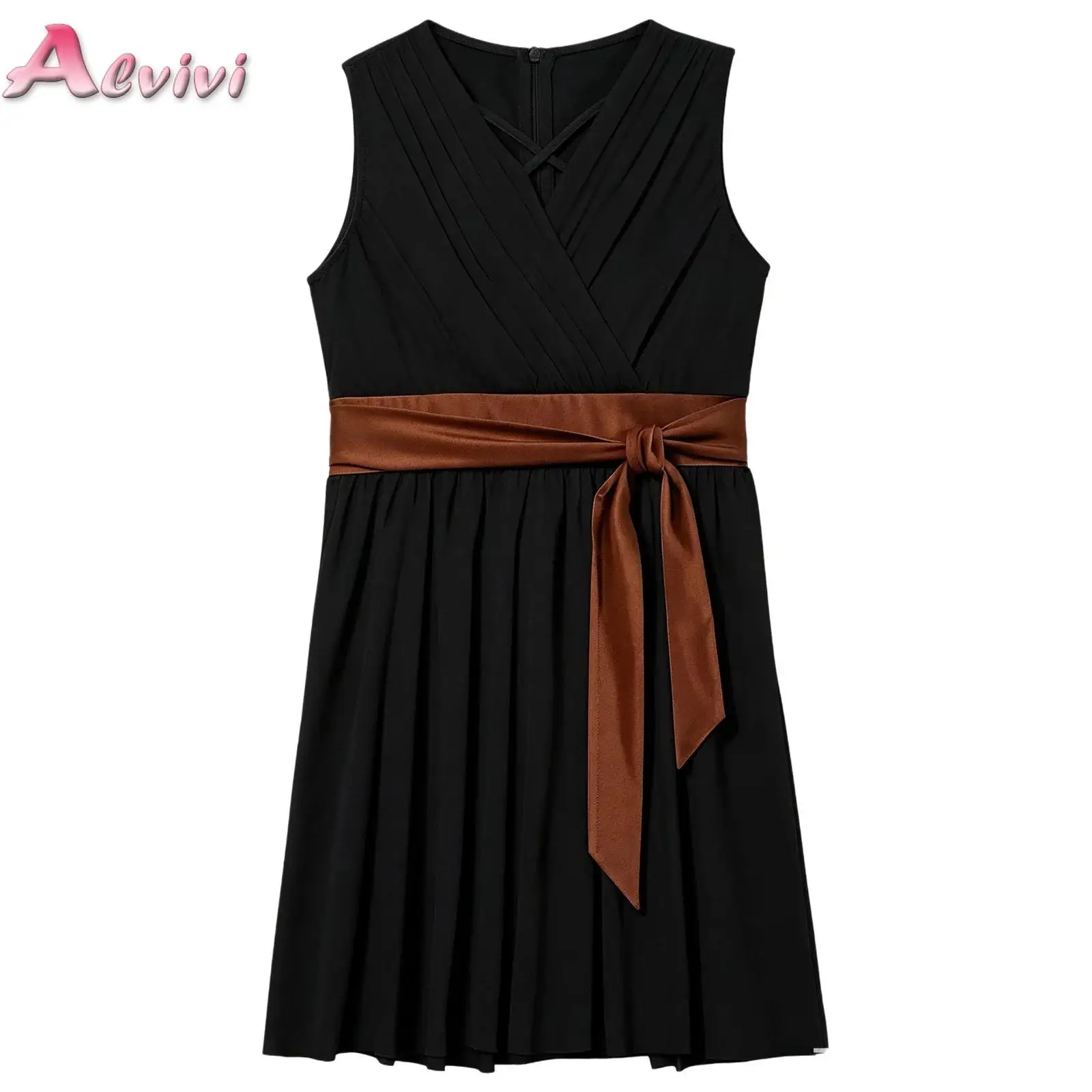 Kids Girls Little Adventures Costume V-neck Zipper Pleated Dress with Sash for Halloween Cosplay Themed Party Stage Performance