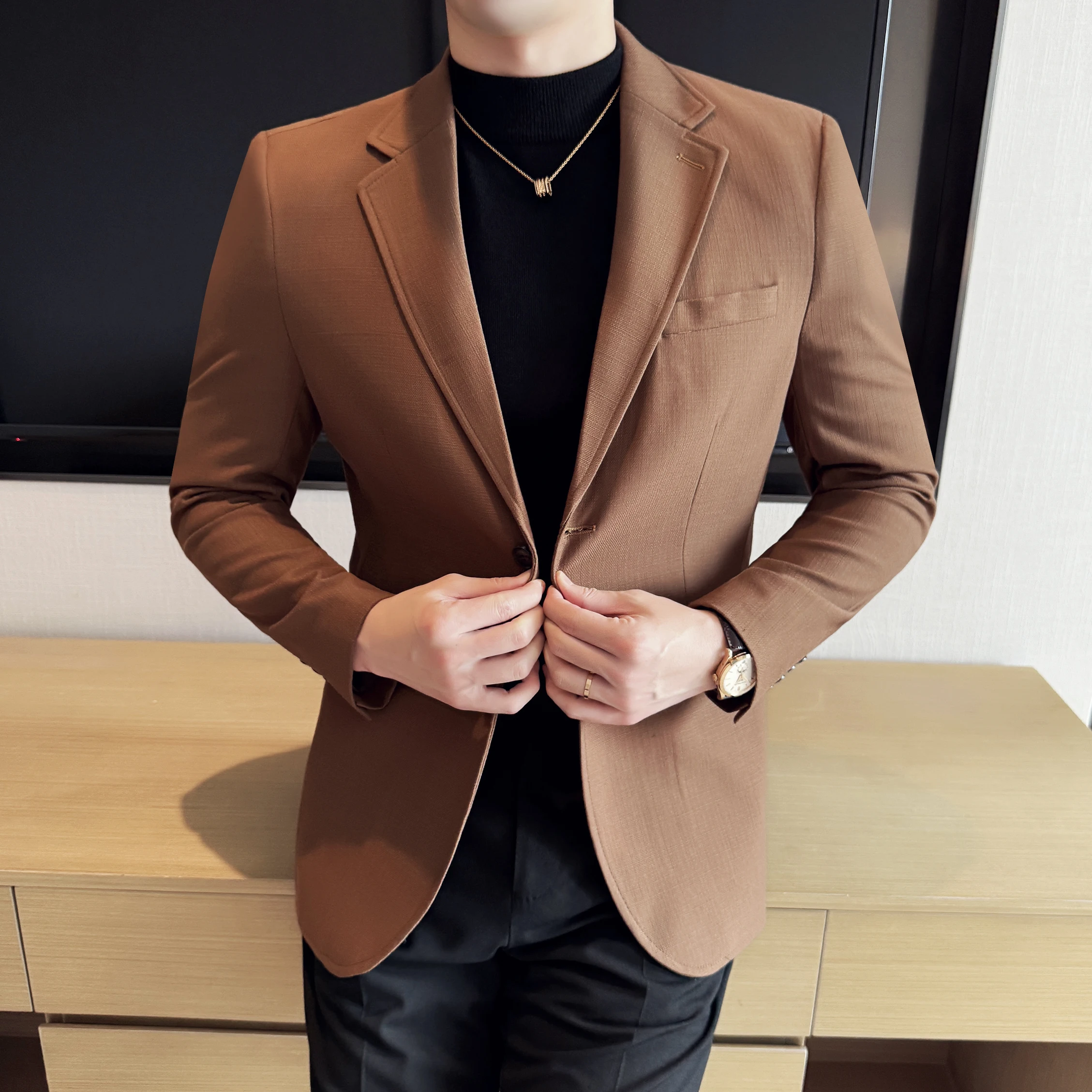 

Осенний корейский приталенный пиджак, мужские бамбуковые модные повседневные пиджаки с рисунком, универсальные деловые деловые пиджаки