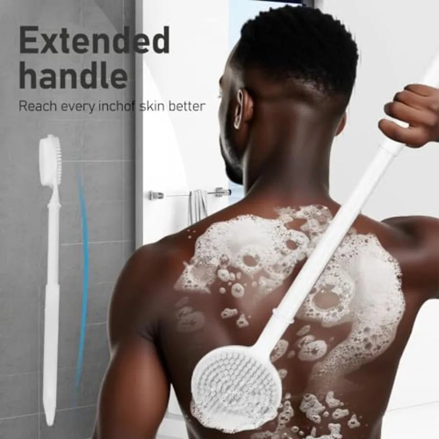 24 Inch Silicone Back Scrubber for Shower - Extendable Long Handle Shower Brush with Dual-Sided Bristles - Exfoliating Body Scr
