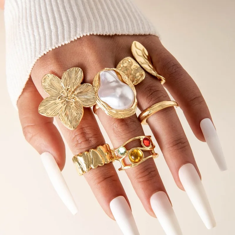 European and American cross-border jewelry, alloy flower point diamond pearl ring retro baroque geometric ring set
