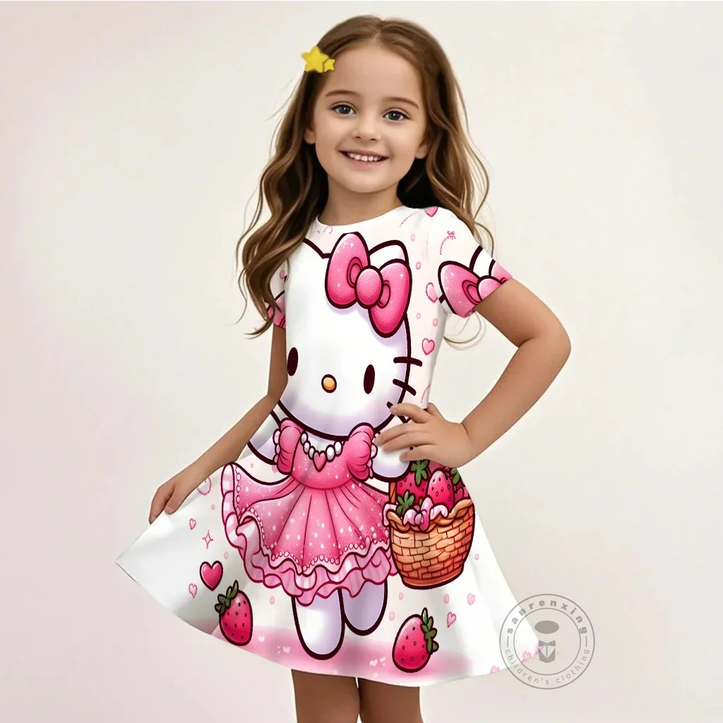 

Очаровательное детское платье Hello Kitty, новинка 2025 года, летняя расклешенная юбка с 3D принтом, повседневная модная юбка с короткими рукавами, возраст 3-16 лет
