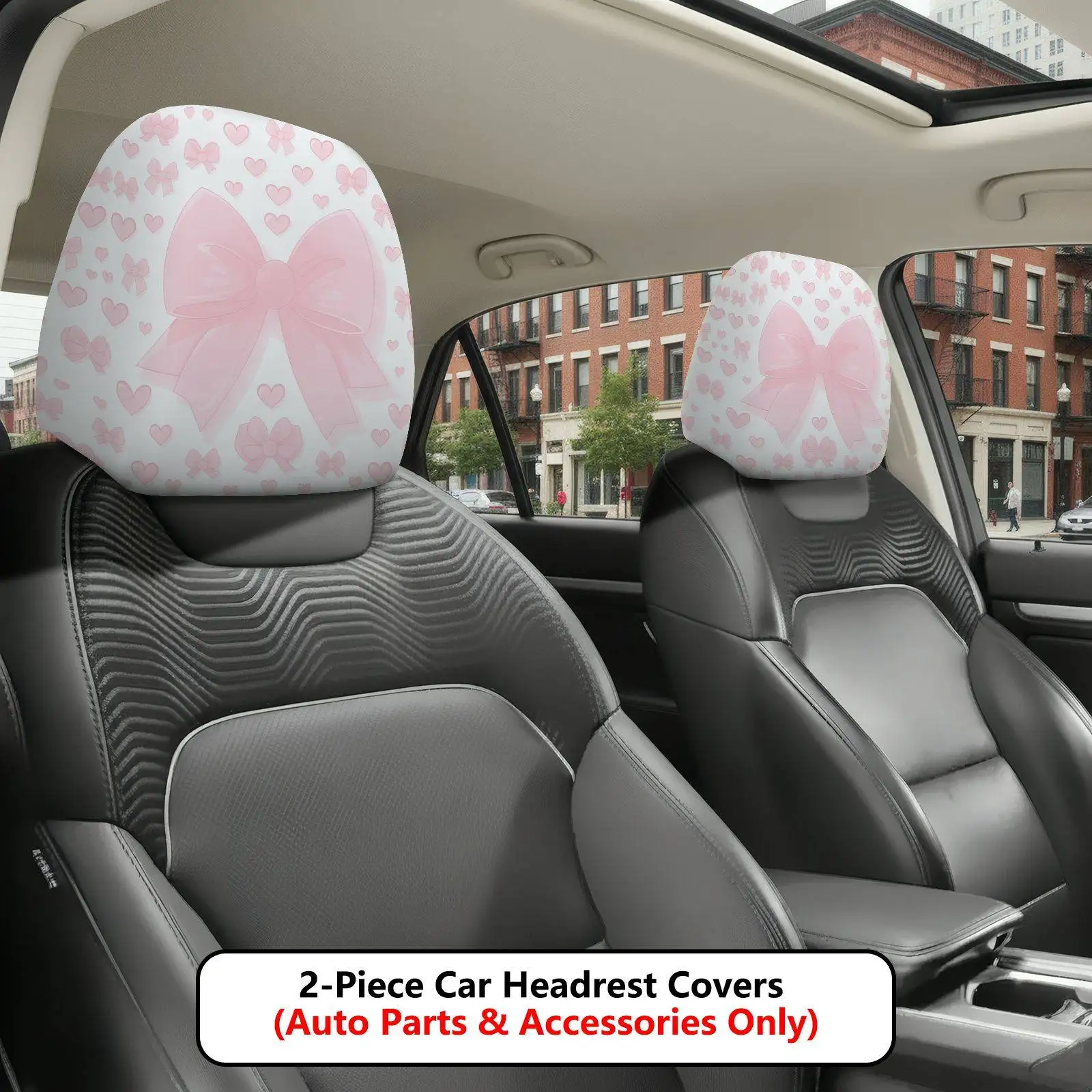 Set of 2 Pink Ribbon Heart Bow Patterned Car Headrest Covers Designed for Seat Protection with High Elasticity And No Padding