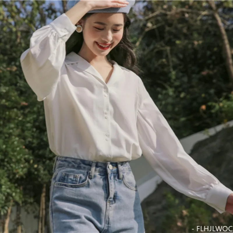 بلوزة بأزرار ورقبة على شكل حرف V ، قمصان بيضاء رسمية ، تصميم لطيف ، على الطراز الياباني والكوري ، سيدة المكتب ، أنيقة ، الخريف ،