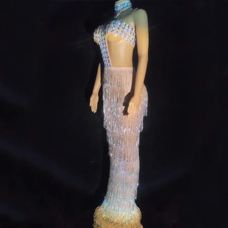 Robe à franges avec strass clignotants, tenue de soirée Sexy découpée pour femmes, Costume de célébration d'anniversaire, tenue de Festival sur scène XS7022
