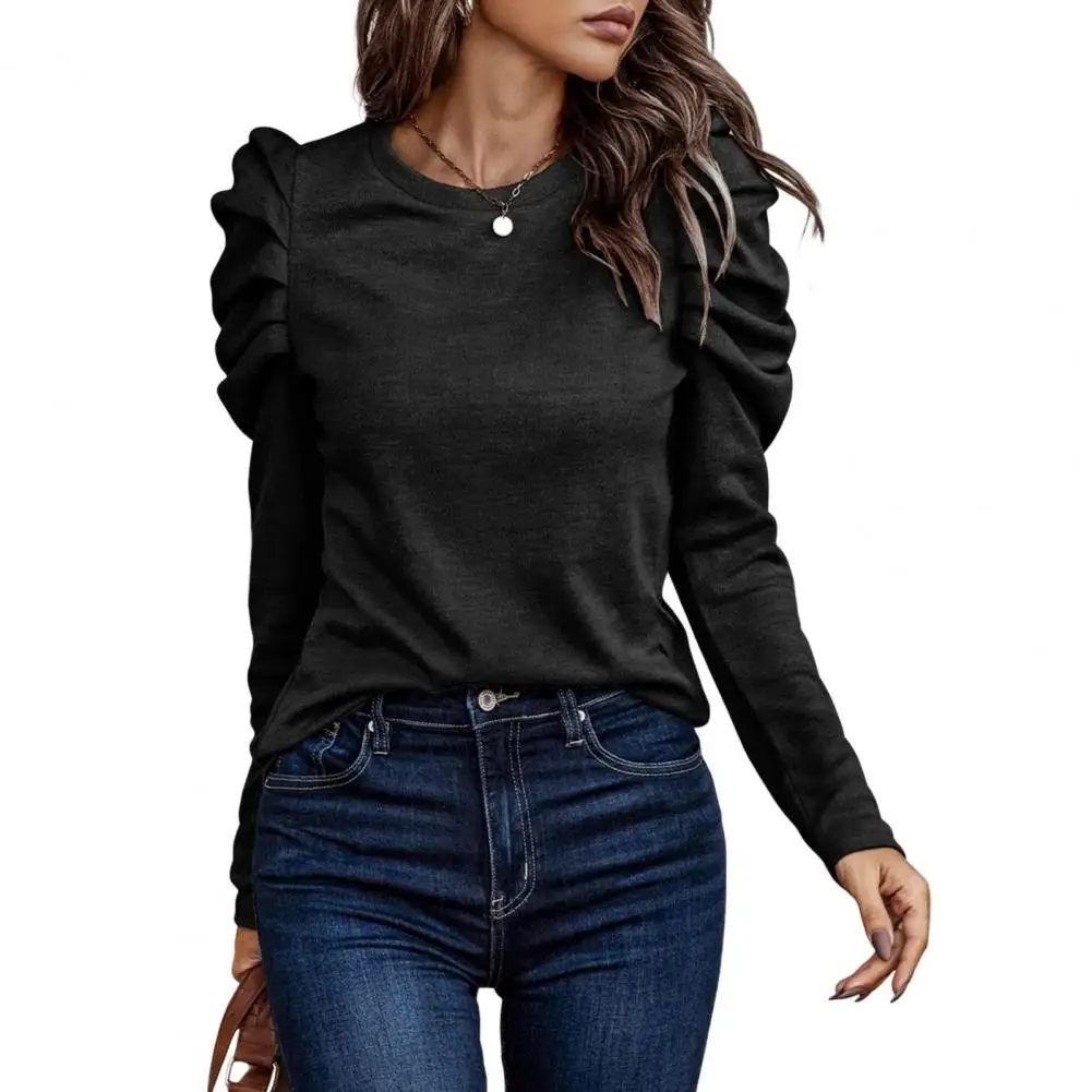 Fashion Women Blouse Top O Neck Solid Color Puff Sleeve Pullover Casual Long Sleeve Loose Commuter Women Clothes blusa feminina