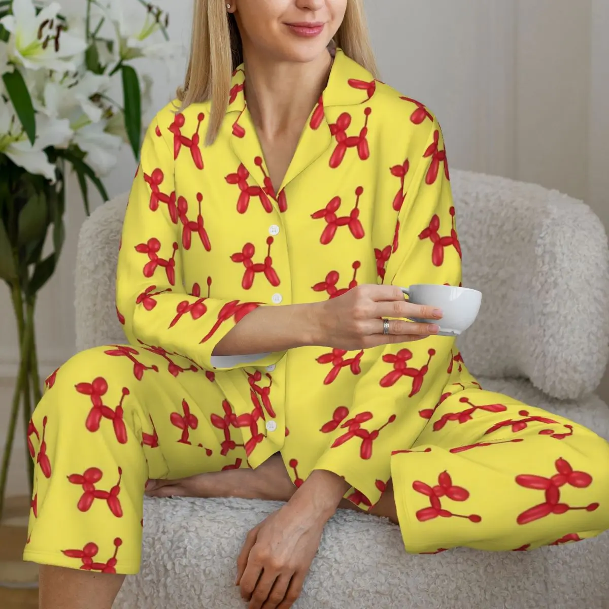 Pajamas Women Red Balloon Dog Bedroom Nightwear Cartoon Animal Two Piece Casual Pajama Sets Long-Sleeve Oversized Home Suit