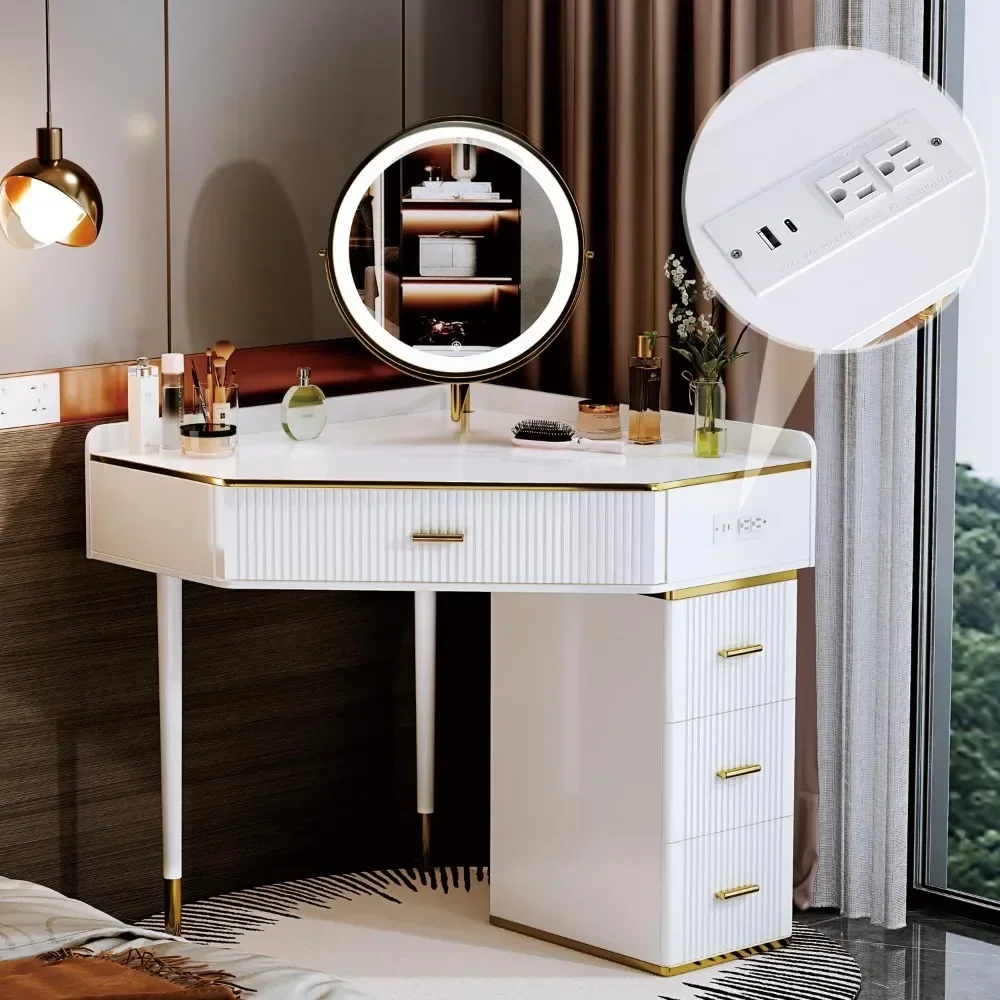 

#For Vanity with Lighted Mirror, Makeup Dressing Table with 4 Drawers, Cabinet and Rotating Mirror, Writing Desk White&