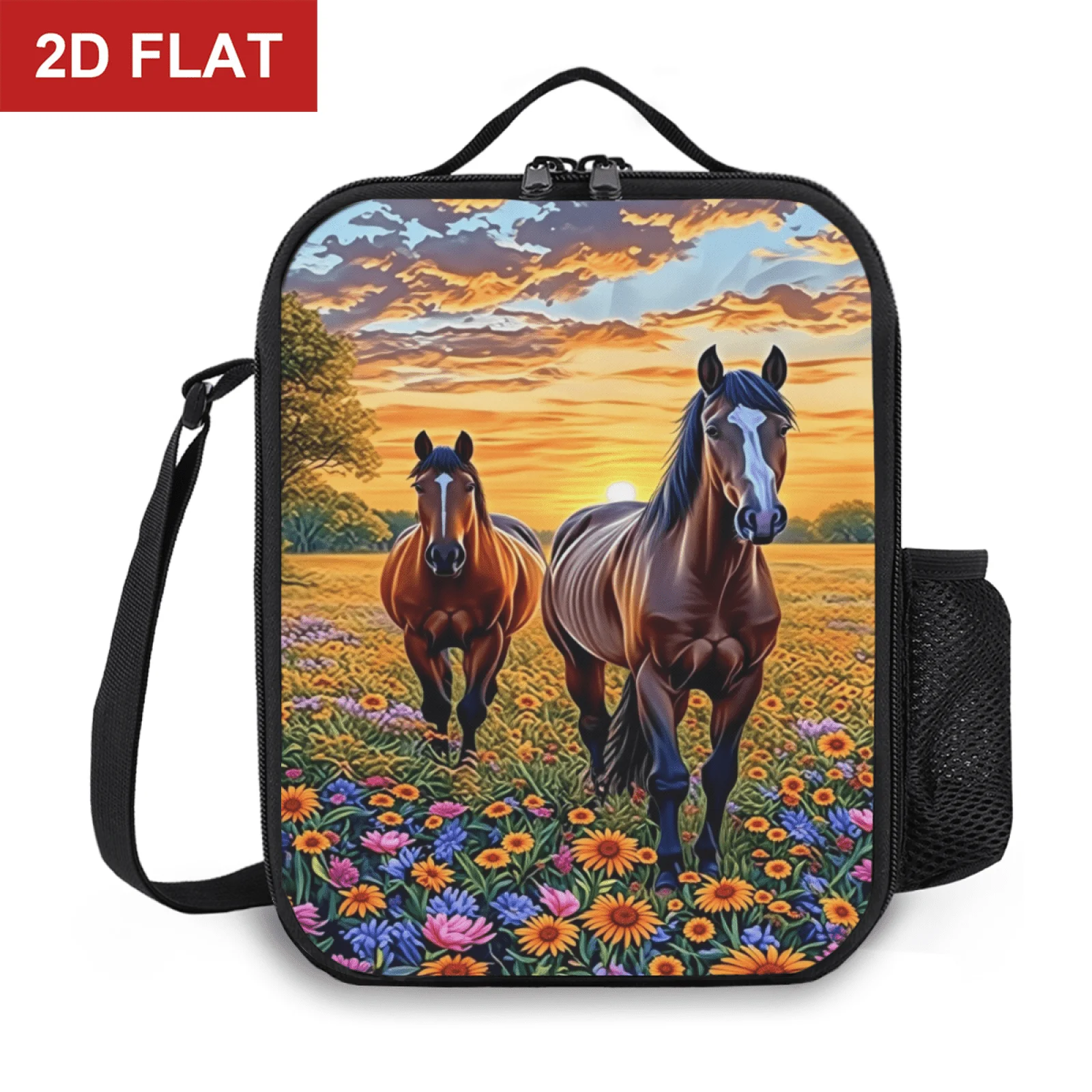 Sunset Wildflower Field Two Brown Horses Oil Painting Insulated Lunch Bag Tote for Outdoor Picnic Multifunction Food Box