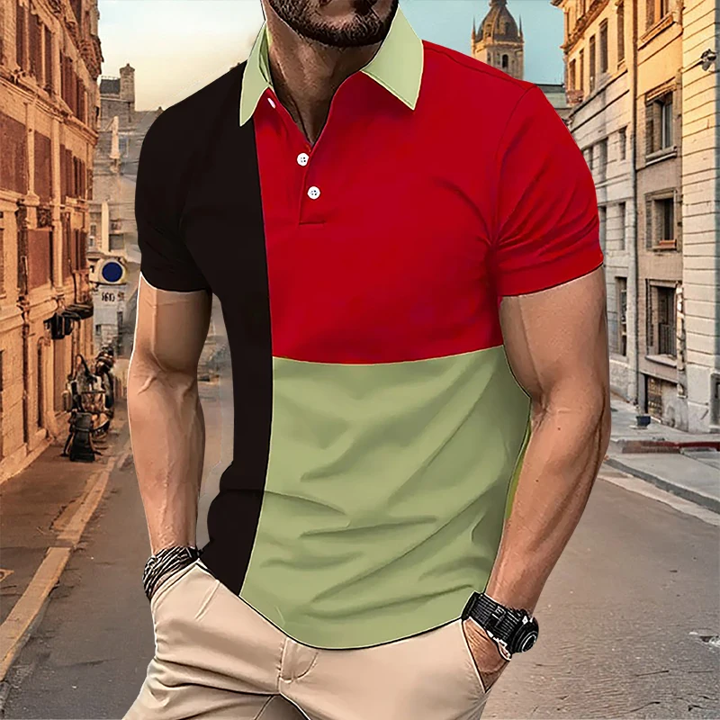 

New Summer Men's Hot Selling Polo Neck Shirt Solid Button Men's Short Sleeved Checkered Color Block T-shirt Breathable Male Top