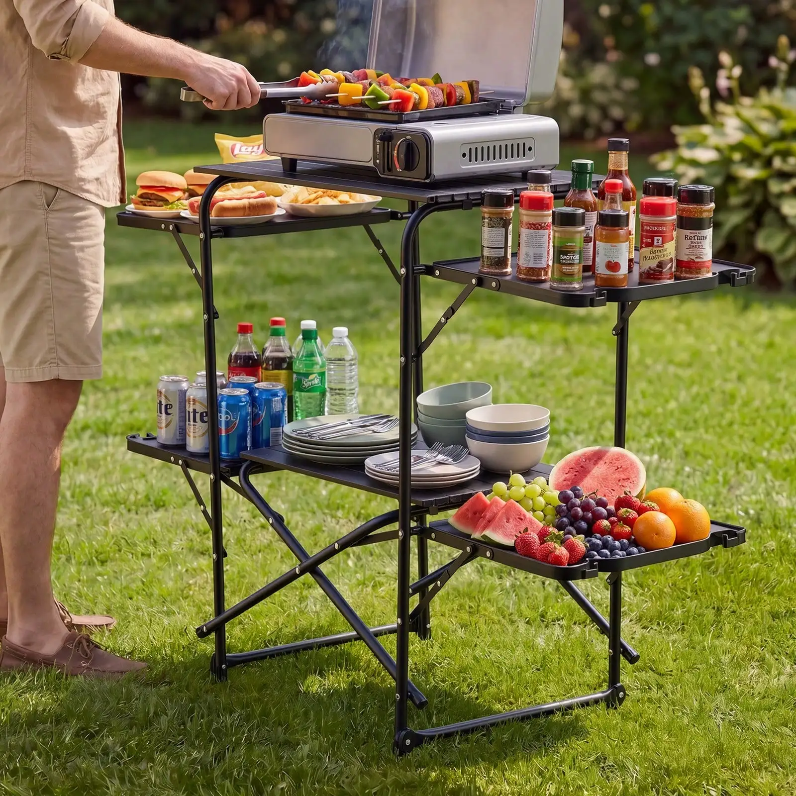 Camping Kitchen Table, Slim-Fold Cook Station, Portable Folding Table, With 4 Side Tables, Heat Resistant Tabletop, And Carrying Bag, Ideal For Outdoor Picnics, BBQs, Camping, RV Traveling