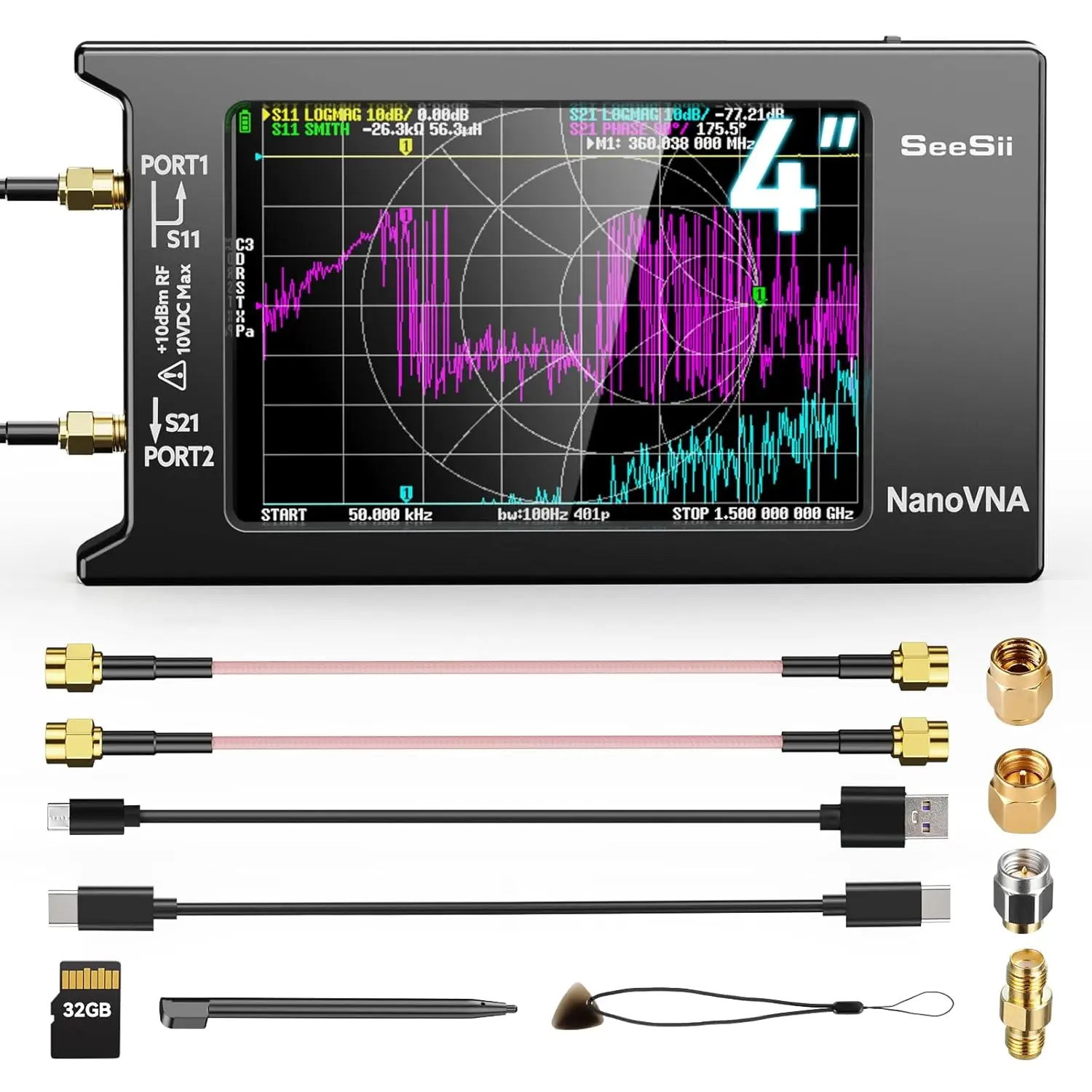 SeeSii Upgraded NanoVNA-H4 10KHz-1.5GHz Vector Network Analyzer for Measuring S Parameters HF VHF UHF SWR, Phase, Smith Chart