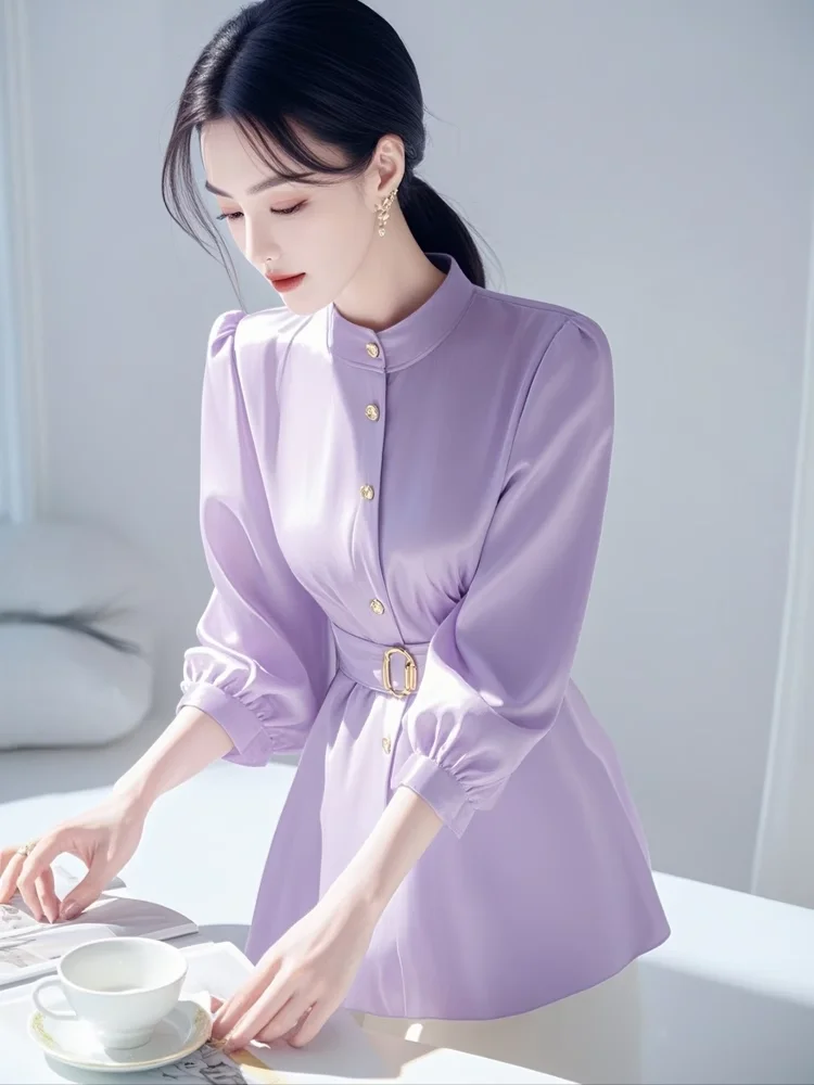 

Ele Purple Silk Women's irt Waist-Cinching Early Spring New Sle Casual Loose Fit Button-Up Stand Collar Regular Sve