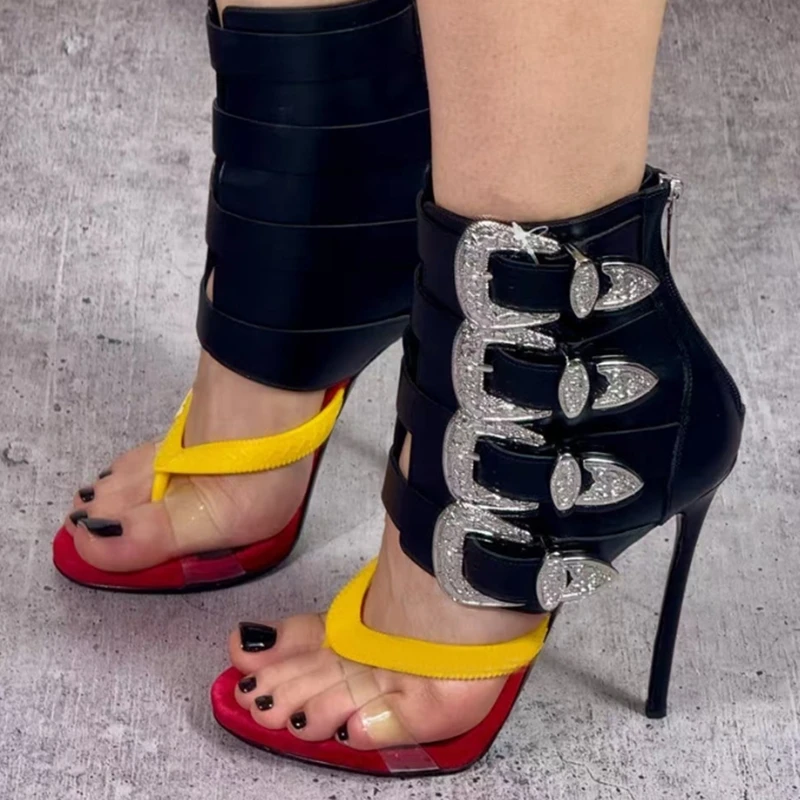 

Belt Buckle Straps High-heeled Thong Sandals Yellow Blue Red Suede Patchwork Open Toe Hollow Back Zipper Women Cage Shoes