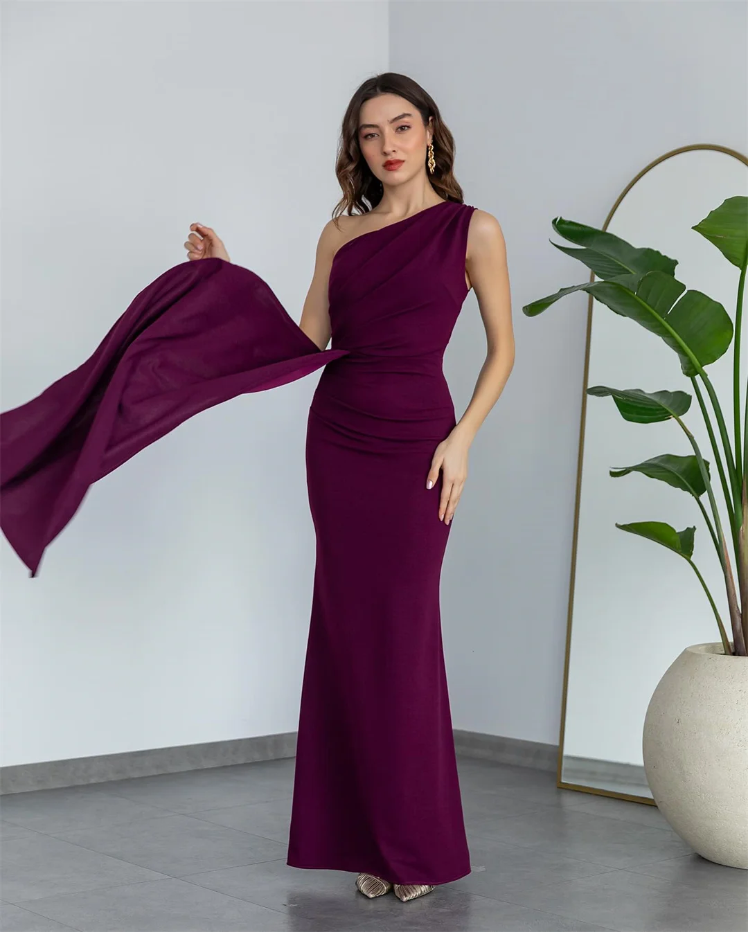 Chiffon One-Shoulder Evening Dresses Elegant Panel Train Sleeveless Backless Bodycon Family Gathering Dress Wedding Party Gowns