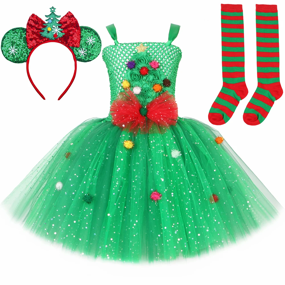 HJTT Christmas Tree Costume Kids Glitter Red Green Xmas Elf Tutu Dress Outfit Toddler Girls Christmas Party Tulle Princess Dress