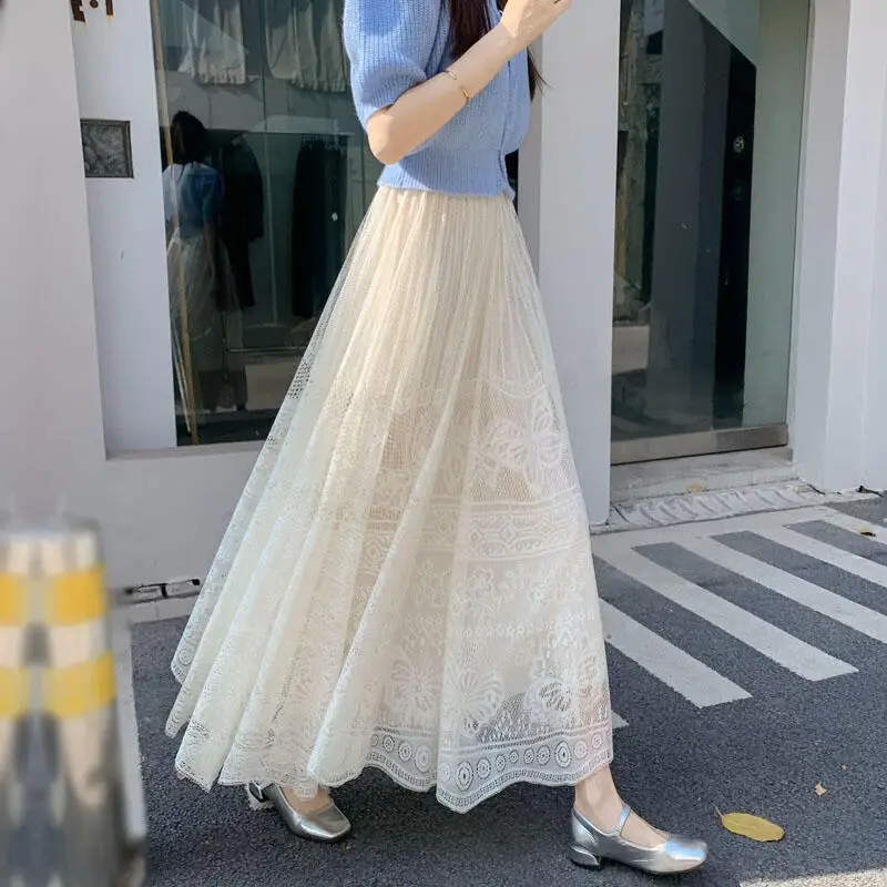 Hot 2026 Spring Summer New Women High Waist Fairy Style Casual A-Line Long Skirt Fashion Versatile Elegant Lace Mesh Half Skirt