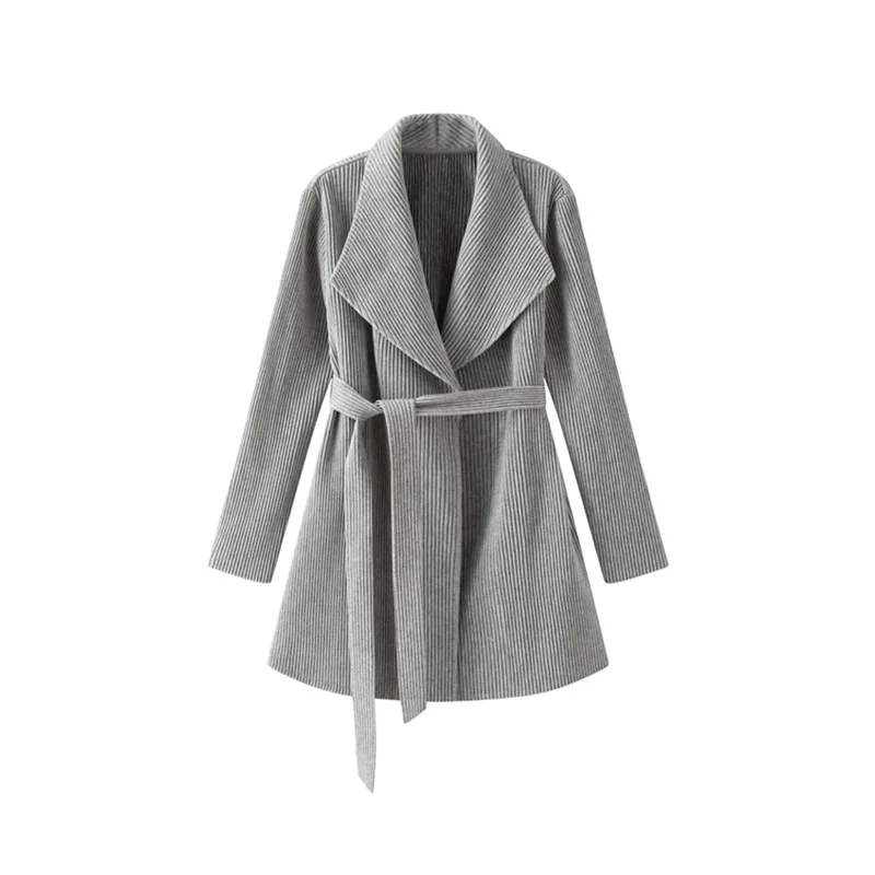 Miyake Pleated Women's Striped Knit Trench Coat, Lapel Long Sleeve Belted Waist Midi Coat, Elegant Autumn Winter Outerwear