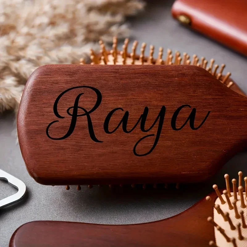 Engraved Name Sandalwood Hair Comb - Medium Bristle, Anti-Static, Massage Dry Hair Care, Elegant Personalized Gift for Women view 4