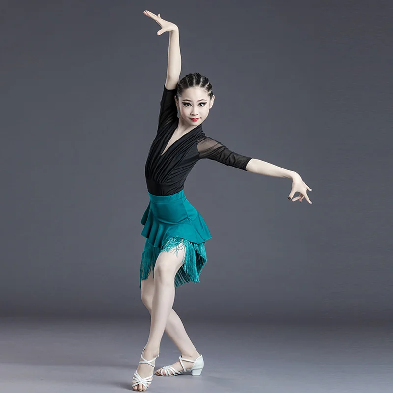 어린이 라틴 댄스 스커트 소녀 스플릿 라틴 술 댄스 스커트 훈련 의류 경쟁 공연 의류