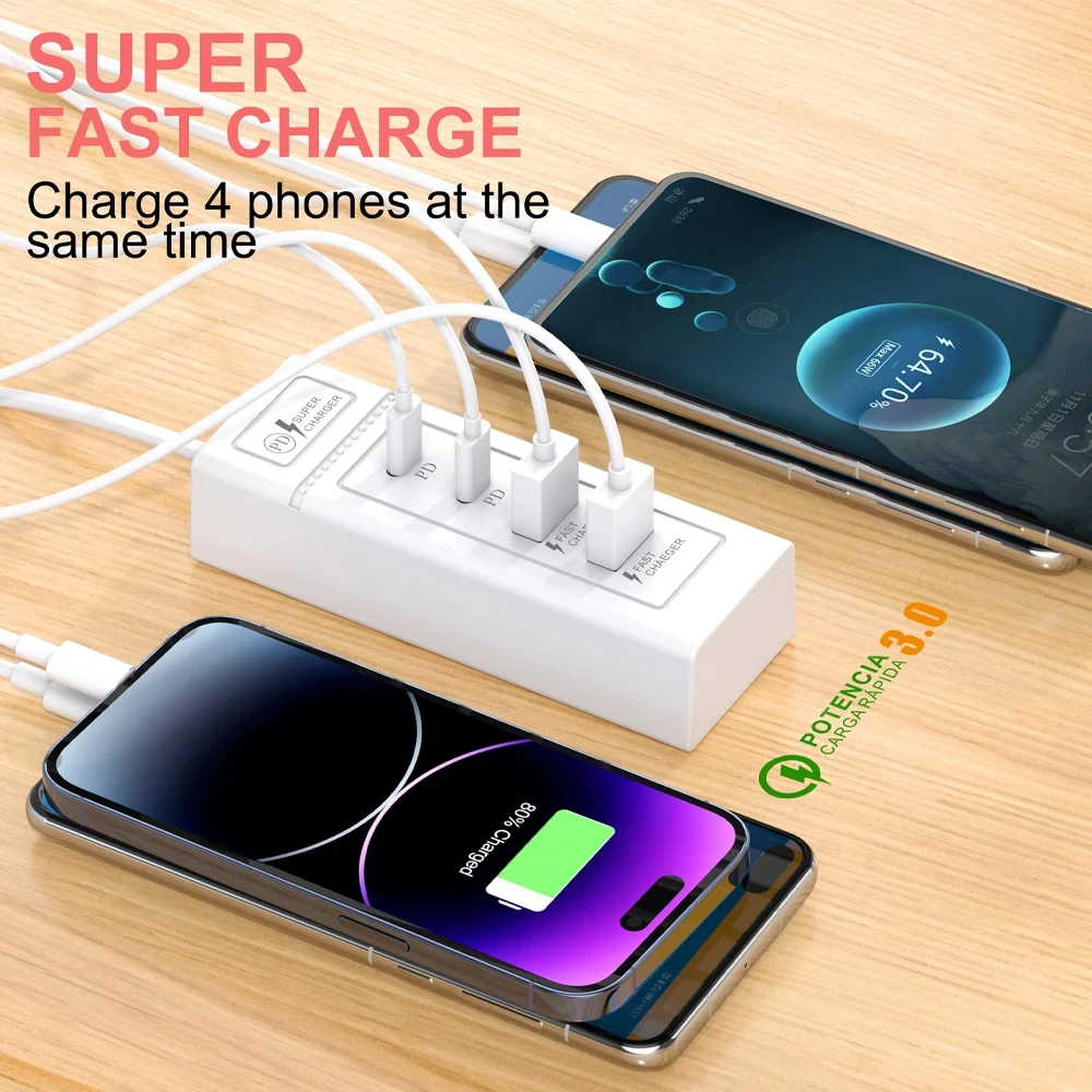 USB Type-C充電器,4ポートUSBハブ,3.0,急速充電,壁の充電,電話アダプター,iPhone, Xiaomi, Samsung,電源コンセント