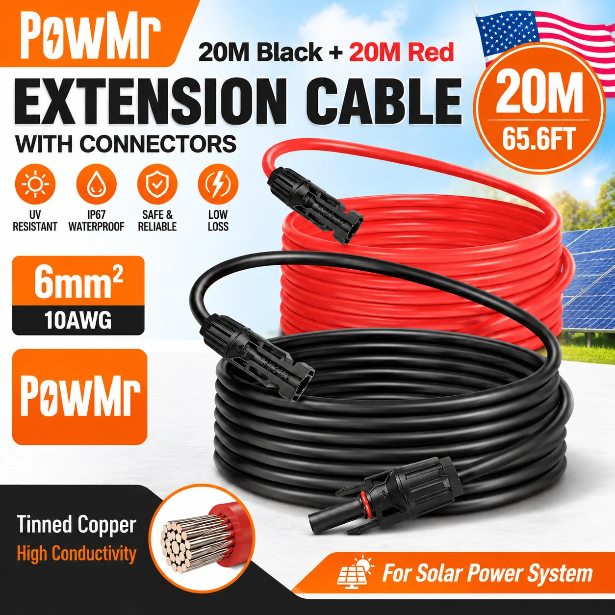 PowMr 10AWG 6mm² Solar PV Extension Cable 20M Red Plus 20M Black With MC4 Connectors Solar Panel Photovoltaic Wire For Off Grid Solar Power System