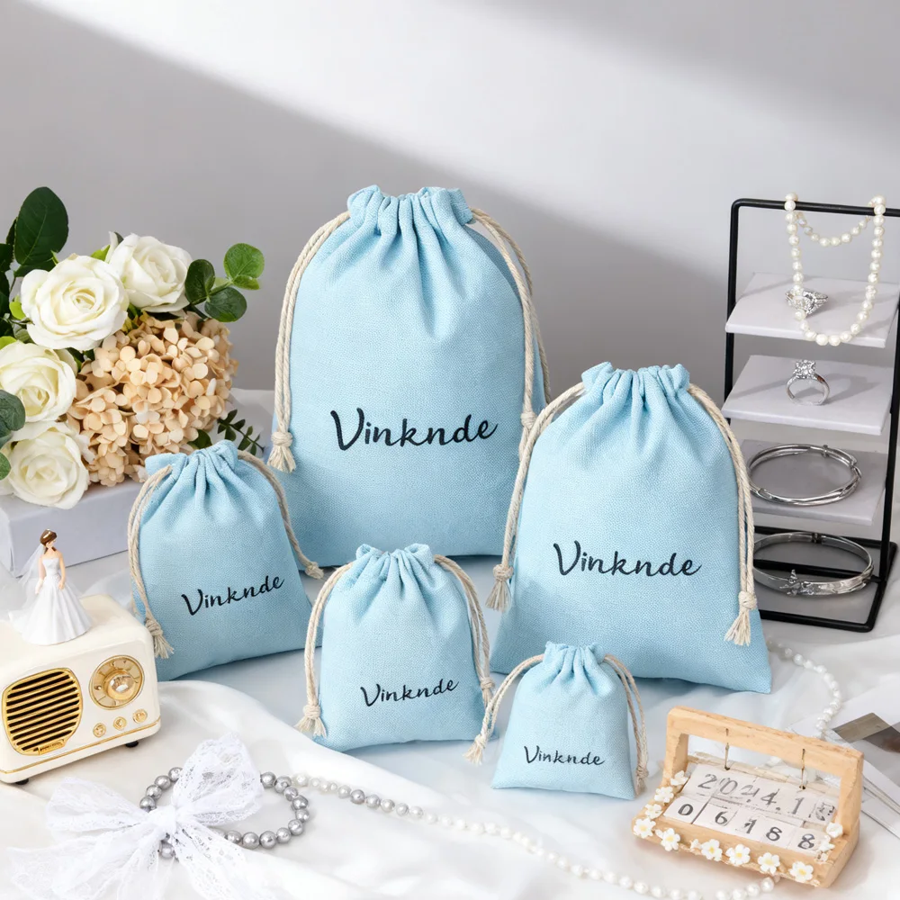 

50Pcs Personalized Logo Jewelry Cotton Organizer Gift Bag Canvas Burlap Drawstring Packaging Storage Candy Pouch Wedding Favor