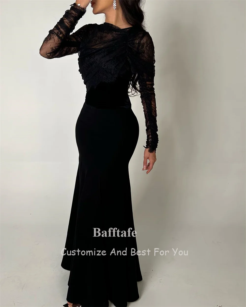 Bafftafe Mermaid Black Evening Dresses Lace Long Sleeves Formal Party Women Dress Matte Satin Velour Fishtail Prom Gowns 2024