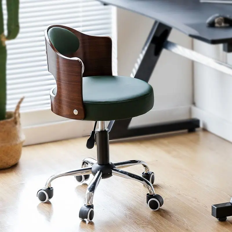 Gaming Chair Height Adjustable Swivel Dark Green PU Leather Curved Wood Backrest Rolling Casters For Home Office