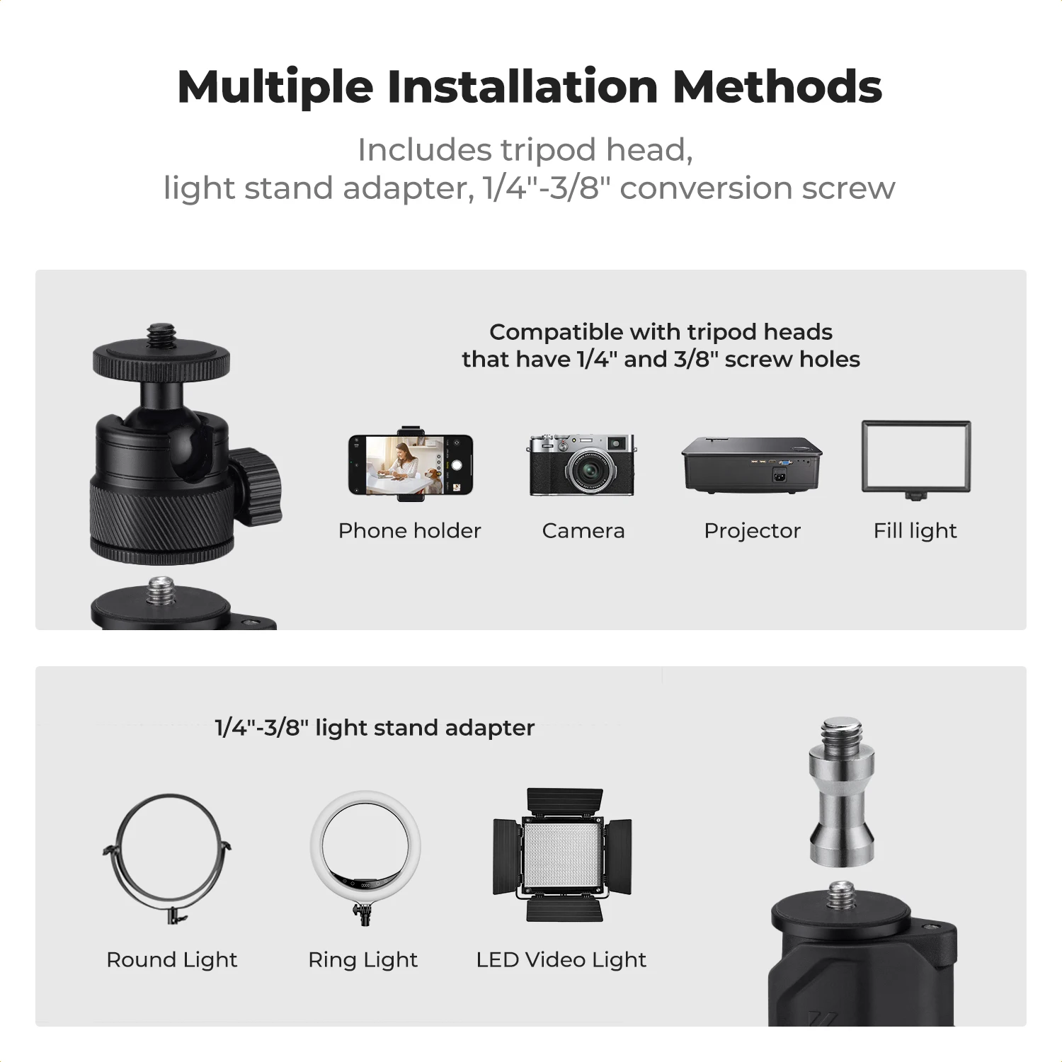 K&F CONCEPT Camera Desk Mount 360° Ball Head Phone Clip 1/4