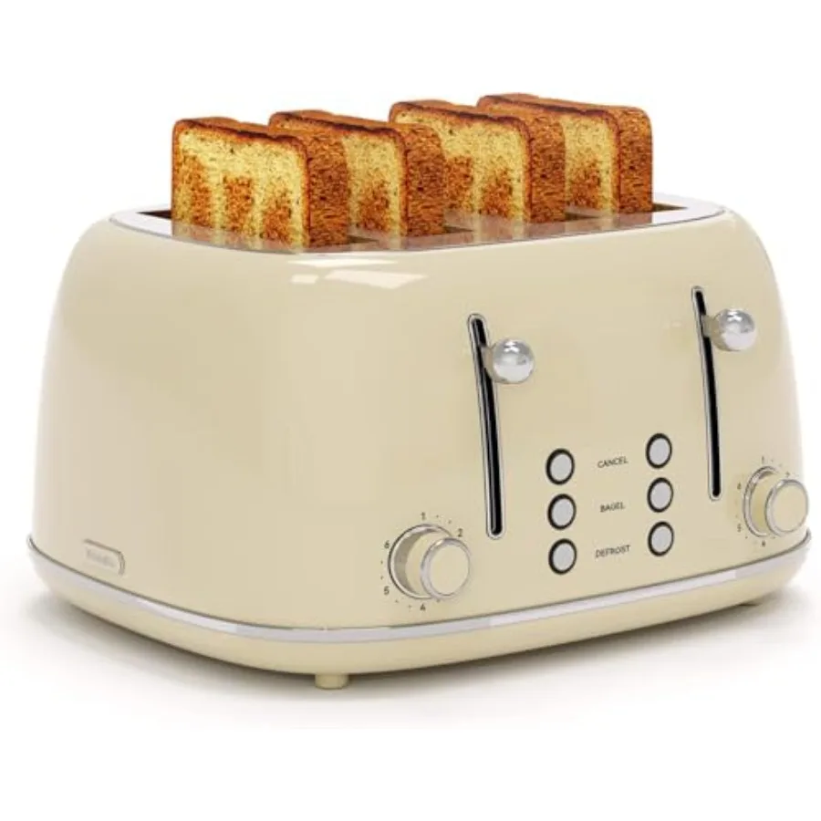 

4-Slice Retro Stainless Steel Toaster with 6 Bread Shade Settings 1.5'' Wide Slots Cancel/Defrost/Reheat Functions Dual Indepen