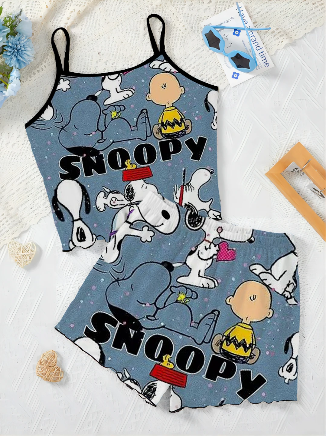 Short Sets for Women 2 Pieces Slip Dress Top Women's Suit Pajama Skirt T-shirt Snoopy Elegant Summer Clothes 2024 Lady Home Top