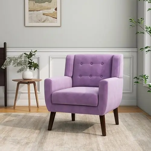 

Velvet Mid-Century Accent Chair, Purple Upholstered Armchair with Wood Frame for Living Room, Bedroom (Set of 1)
