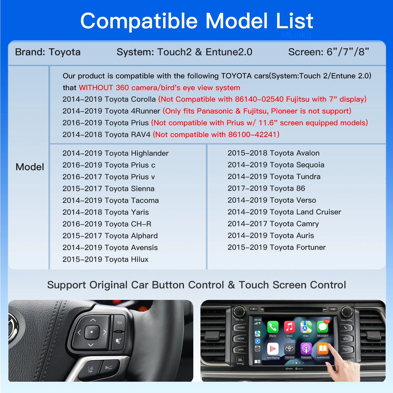 NEW Wireless Carplay Android Auto For TOYOTA CHR Corolla Camry Auris prius RAV4 Avensis Highlander Touch2 Entune 2.0 Car decoder