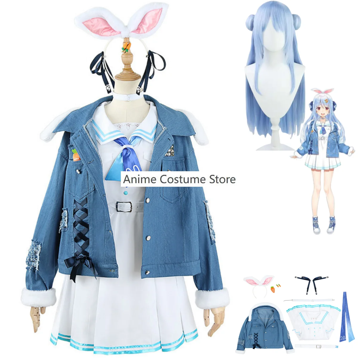 

Anime Virtual YouTuber Usada Pekora Cosplay Costume Wig Denim Jacket JK Dress Adult Woman Kawaii Carnival Party Sailor Suit