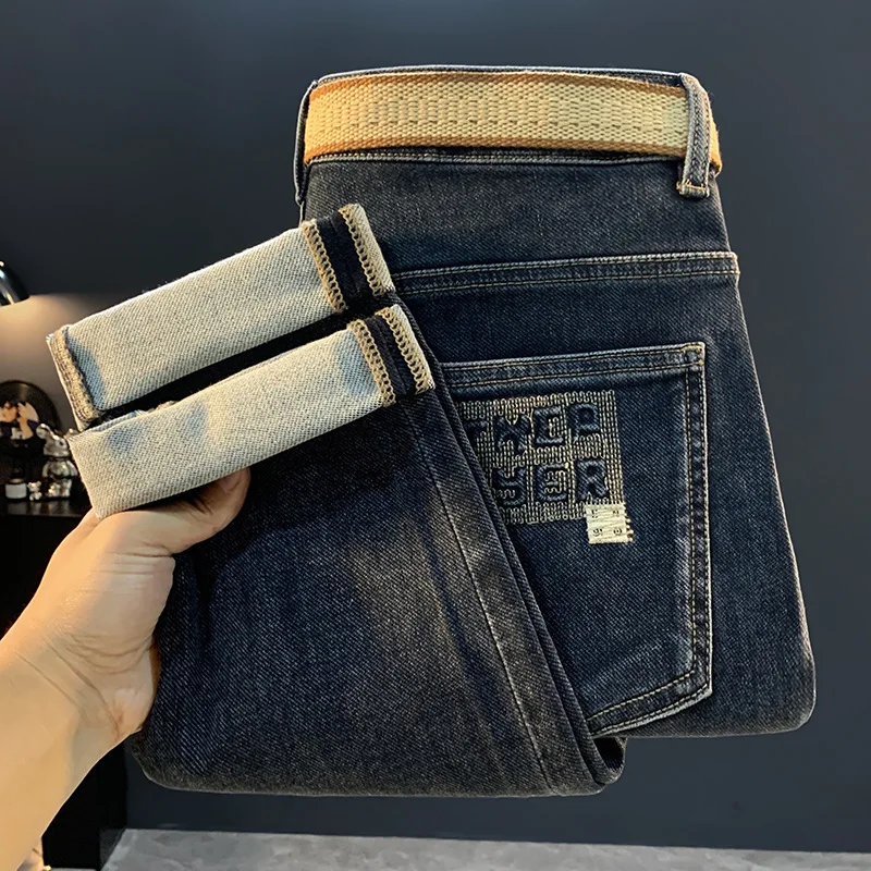 

2025 New Retro Jeans Men's Autumn Embroidered Printed Versatile Street Slimming Elastic Denim Small Foot Pants