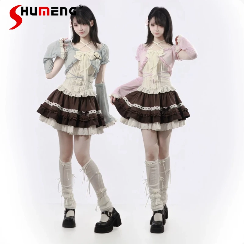 

Original Kawaii Girl's Y2k Skirt Set Spring and Summer New Japanese Short Cardigan Camisole Cake Skirt Hand Sleeve Outfit Women