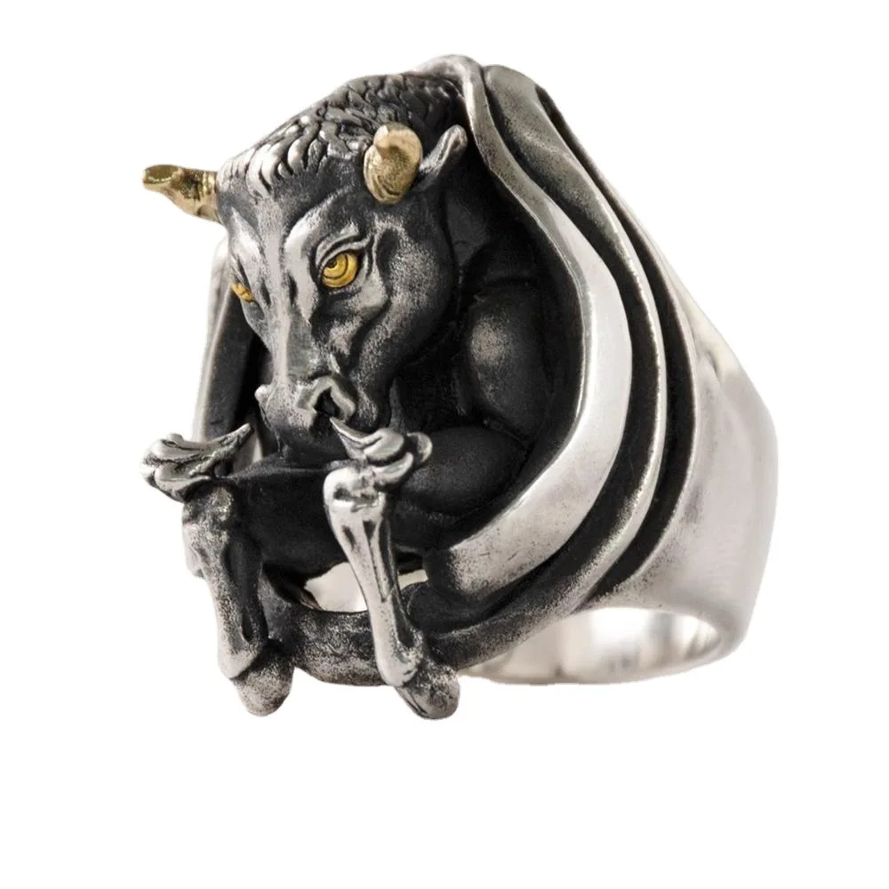 Vintage Fashion Personality Bull Head Ring Men\'s Domineering and Exaggerated Animal Ring Hip Hop Punk Open Ring Banquet Jewelry