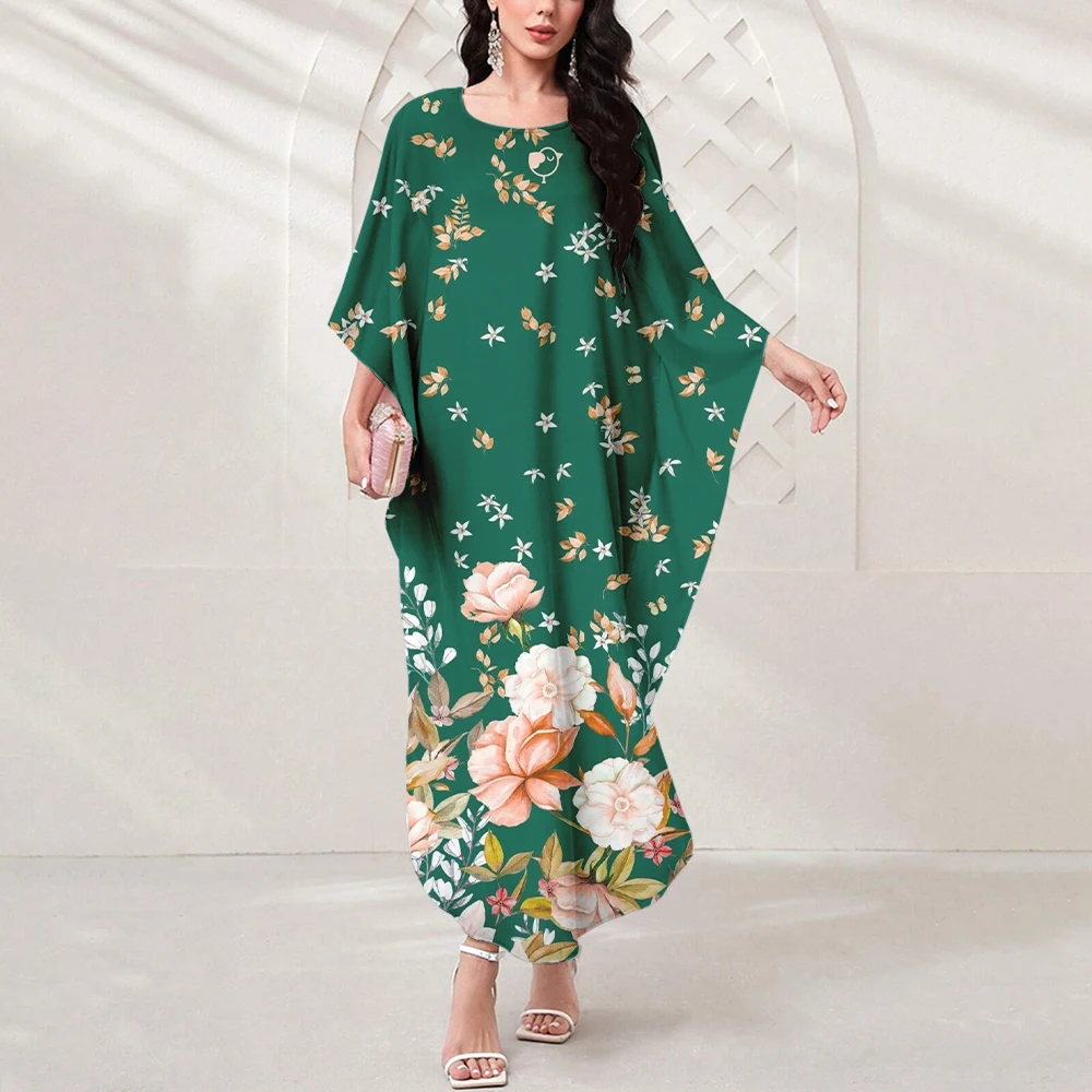 Boutique Women's Elegant Dress Fashion Floral Print Party Dress Muslim Dubai Islamic Batwing Sleeve Robe Women's Muslim Dress