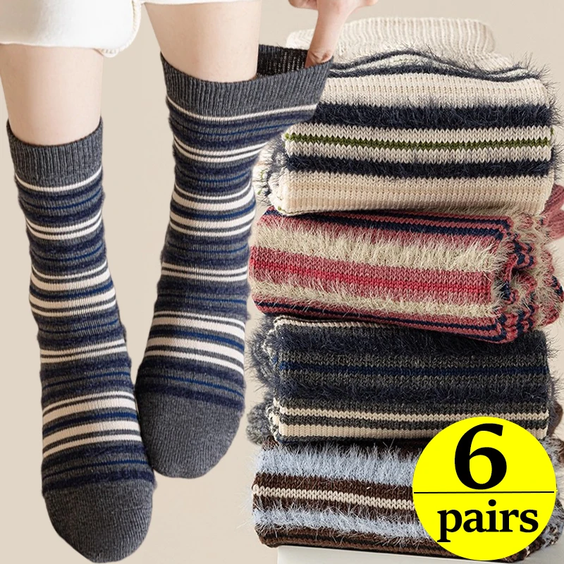 

1/6 пар пушистых носков из искусственного меха в корейском стиле для женщин и мужчин, осенне-зимние теплые носки до середины икры, мягкие хлопковые домашние носки для пола