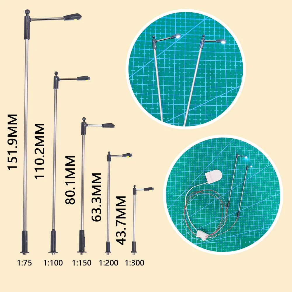 Lampa uliczna do modeli kolejowych w skali 1:75-300, lampy uliczne w skali T N, diody LED, oświetlenie 3V, akcesoria do scenografii kolejowej, miniaturowe elementy.