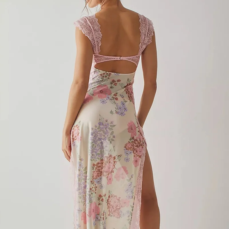 Abito lungo aderente da donna Abito senza maniche con scollo a V con stampa floreale patchwork in pizzo Abito da festa senza schienale con spacco estivo