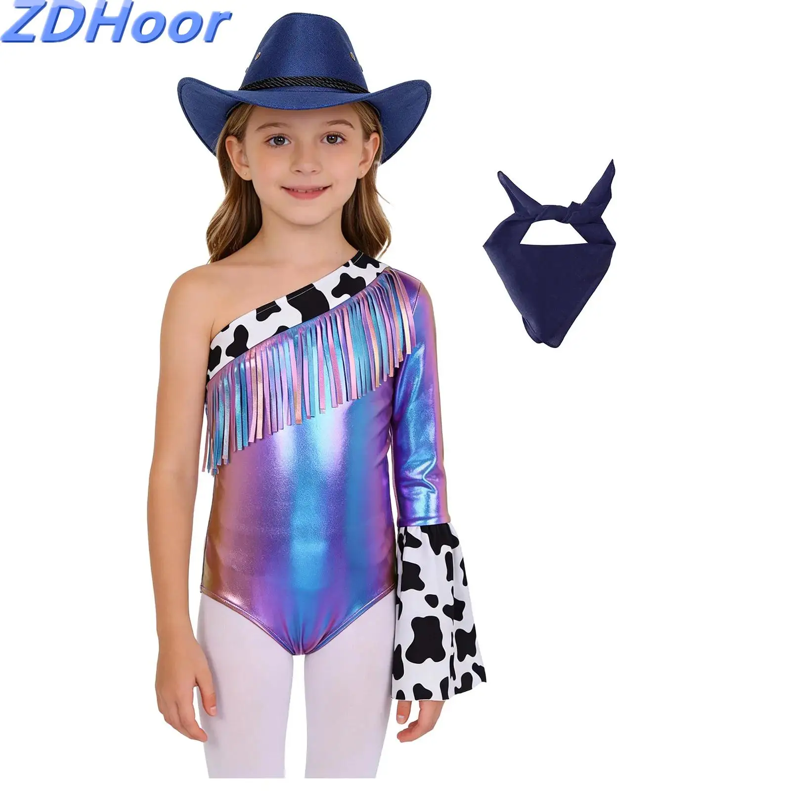 

Girls Western Cowgirl Costume Sets Fringed Metallic Crotch Press Buttons Bodysuit with Drawstring Hat And Bandanna Set