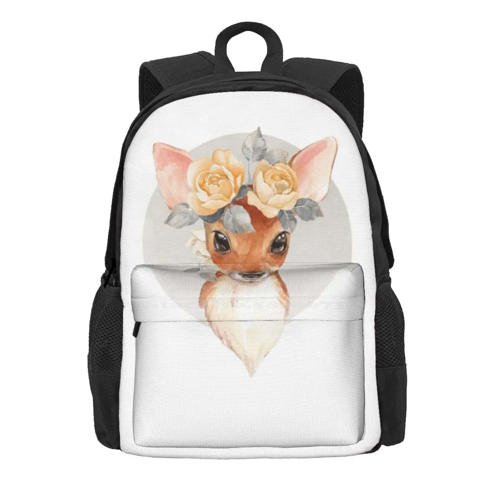 Fawn With Yellow Roses Hot Sale Schoolbag Backpack Fashion Bags Flowers Animal Cute Baby Deer Fawn Floral Forest Hand Drawn