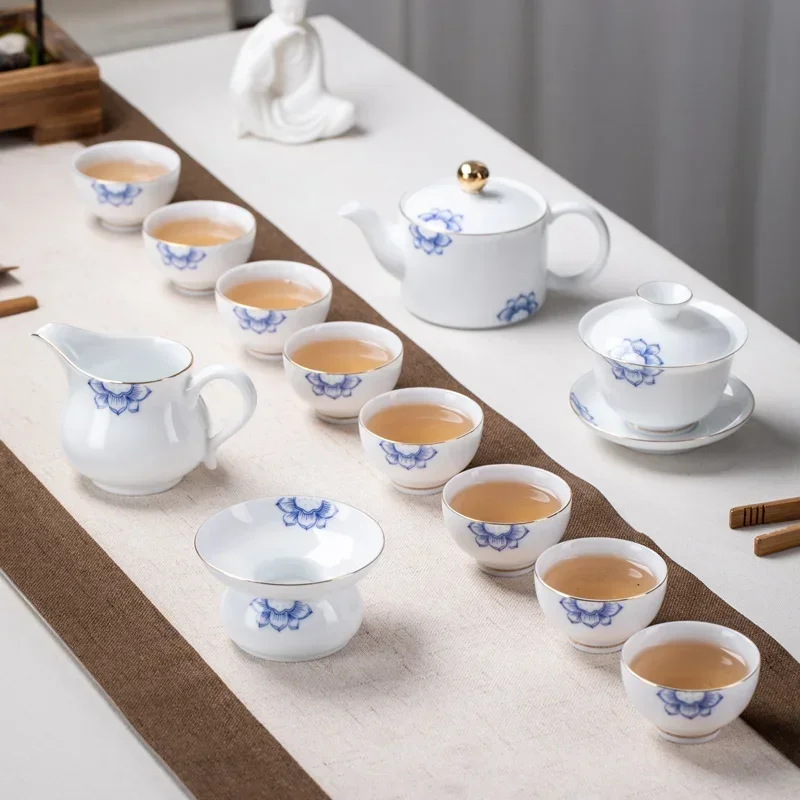 Blue and White Porcelain Kung Fu Tea Set Hand-painted Orchid Ceramic Teapot Cover Bowl Puer Dou Li Teacup White Porcelain Gift