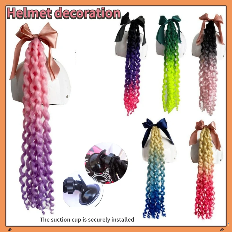 Motorcycle Helmet Decoration Wave Curly Wig Double Ponytail Helmet Accessories Curly Hair Elastic Dirty Braid with Bow