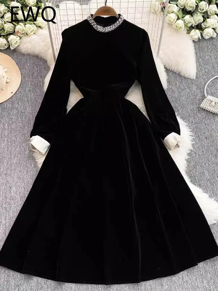 EWQ Heavy Beaded Velvet Black Evening Dress For Women Autumn And Winter 2024 New Korean Style Fashion Versatile Style 27X1861